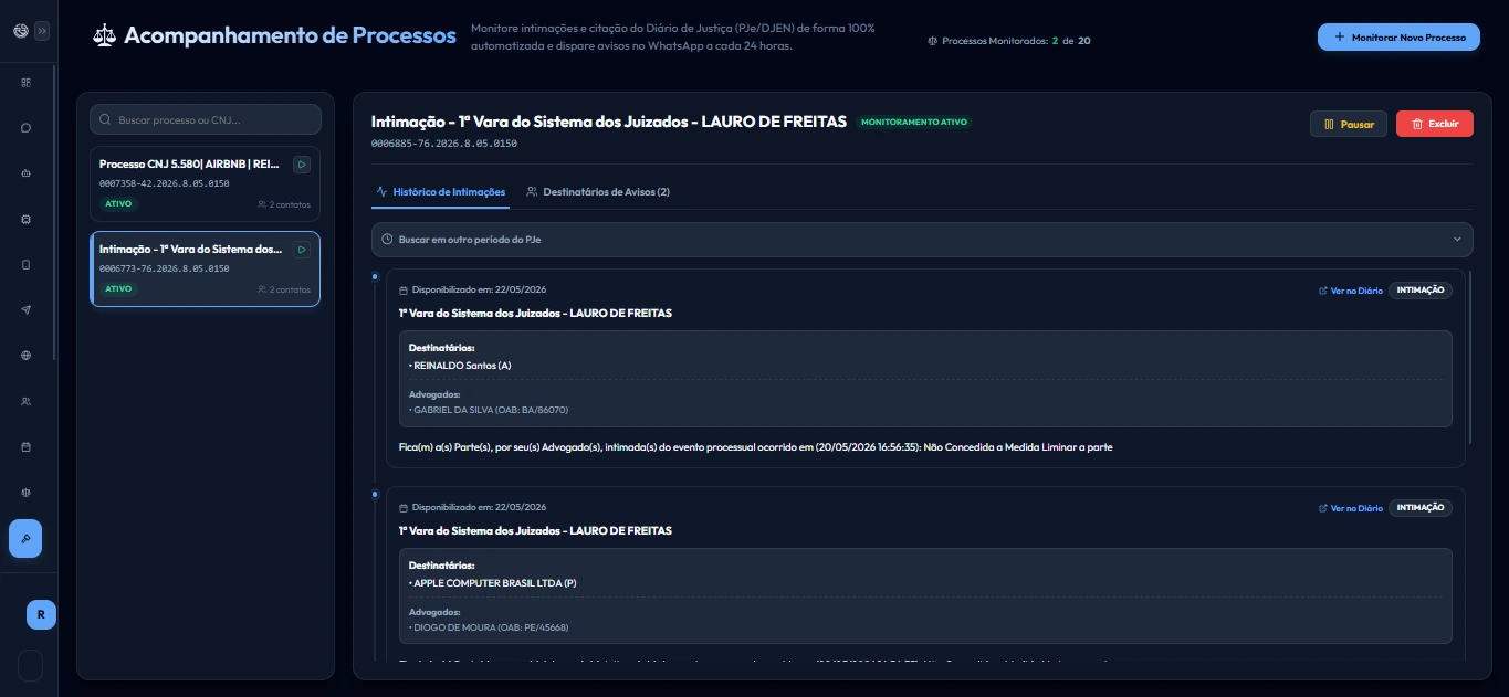 Acompanhamento de processos judiciais na RB Connect Tela de acompanhamento de processos judiciais da RB Connect com histórico de movimentações