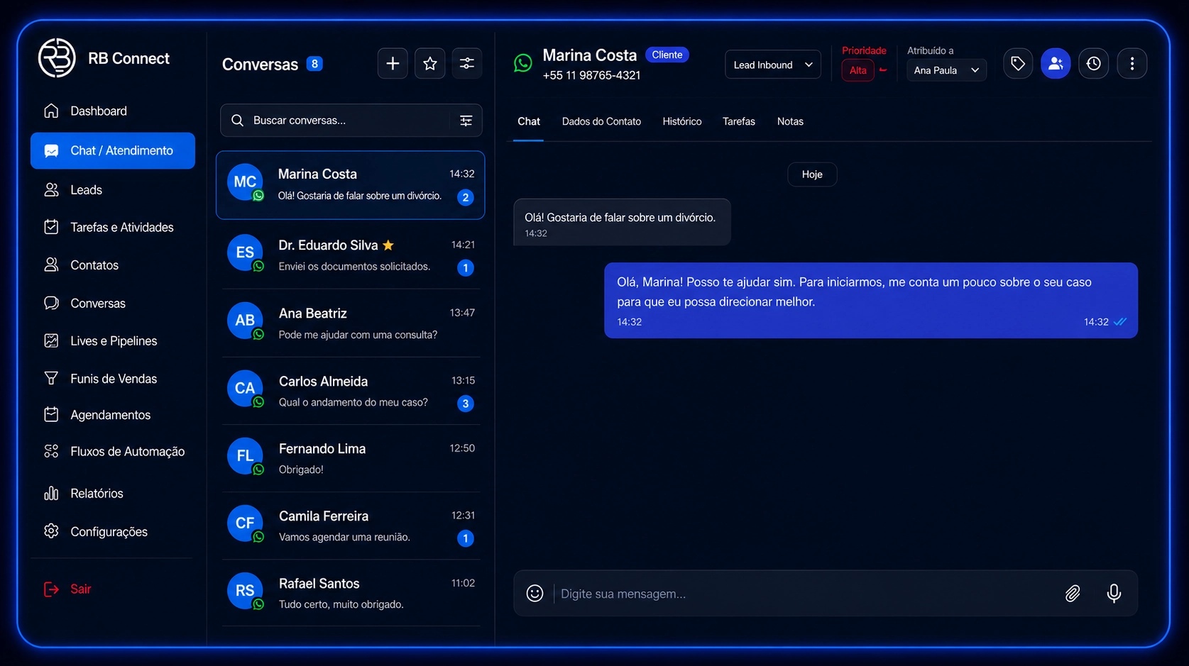 CRM jurídico para atendimento pelo WhatsApp CRM jurídico da RB Connect para organizar atendimentos de advogados pelo WhatsApp