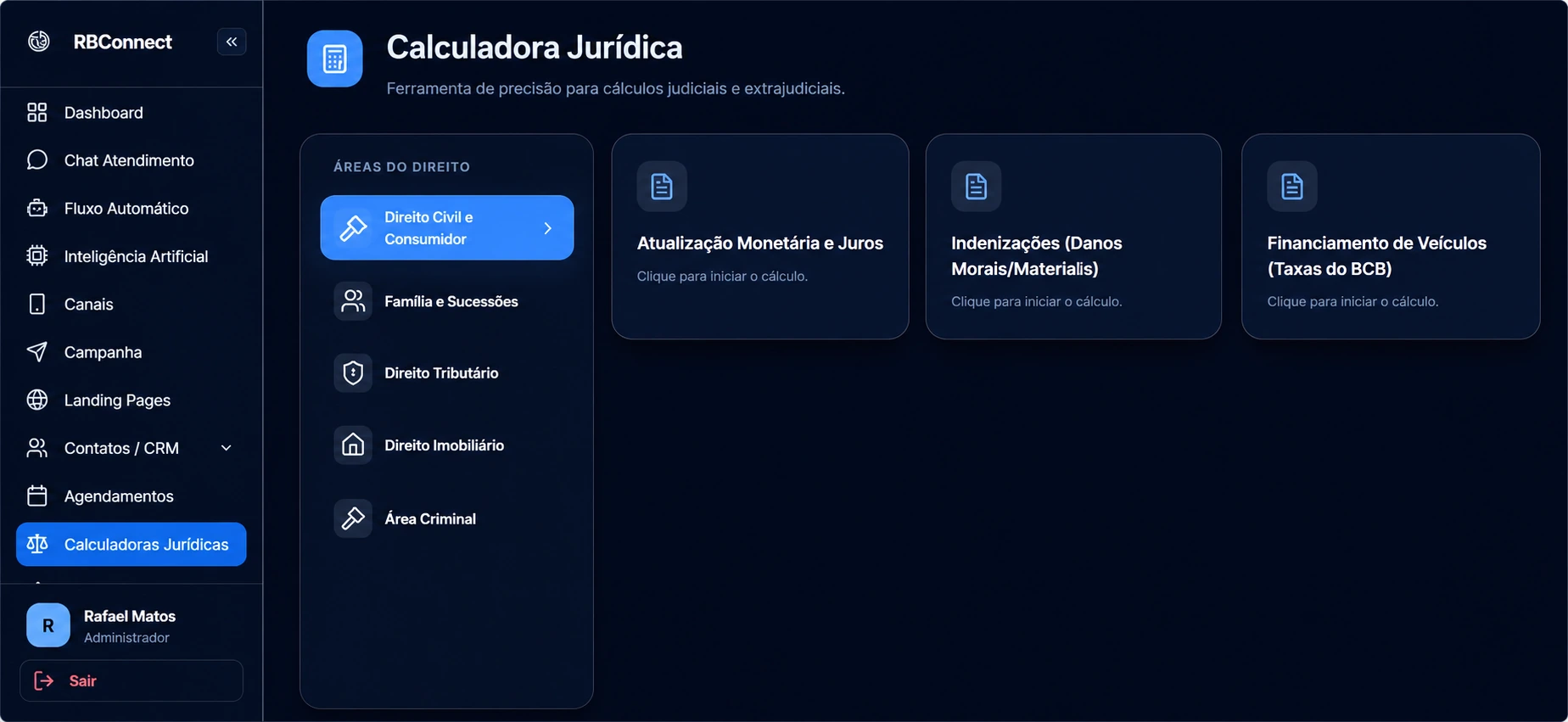 Painel de Calculadoras Jurídicas Painel de calculadoras jurídicas da RB Connect com categorias por área do Direito